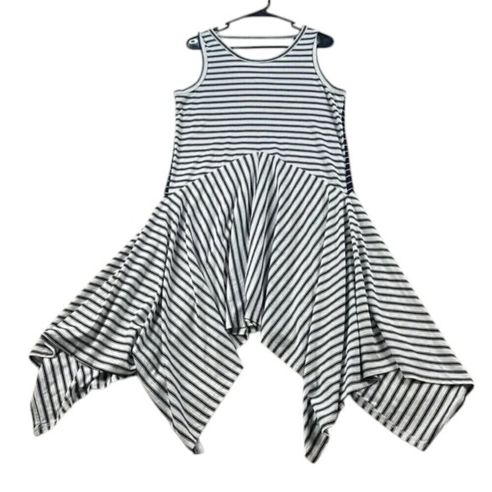 Doe & Rae Dress Navy Striped Size L Handkerchief Hem Rayon Blend